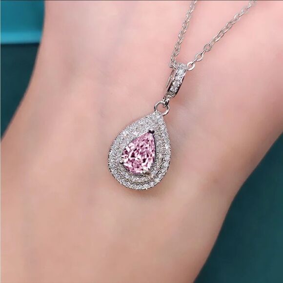 The Pretty in Pink Teardrop Pendant necklace in 925 silver and cubic zirconia - Picture 1 of 9